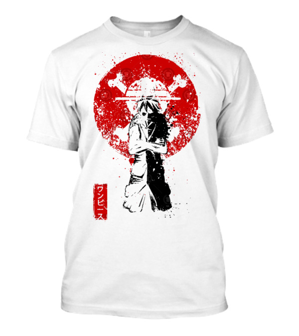 One Piece Pirate's King Splatter Japanese Text And Crossbones Red Circle T-Shirt