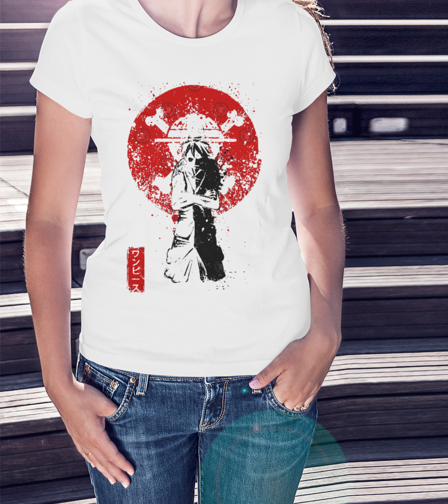 One Piece Pirate's King Splatter Japanese Text And Crossbones Red Circle T-Shirt