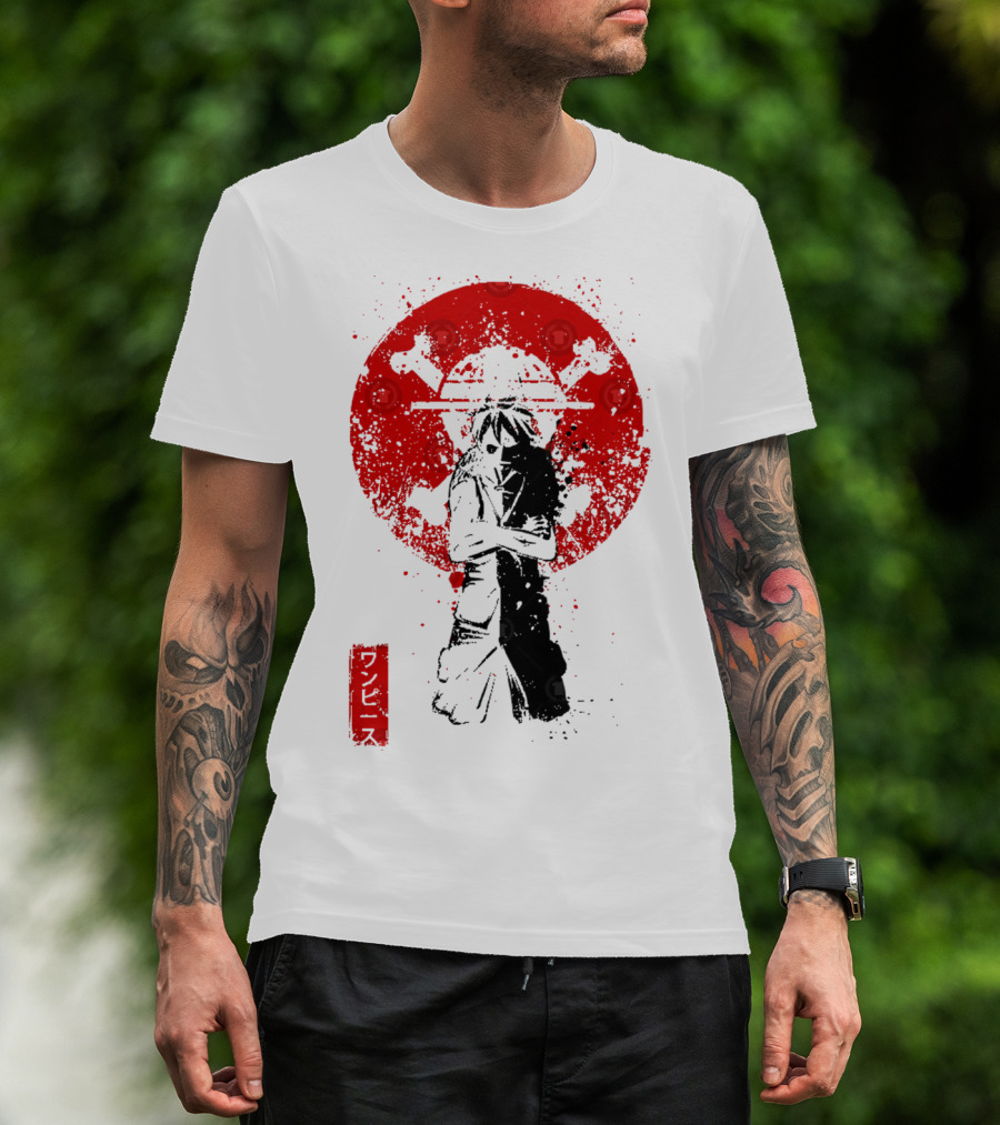 One Piece Pirate's King Splatter Japanese Text And Crossbones Red Circle T-Shirt
