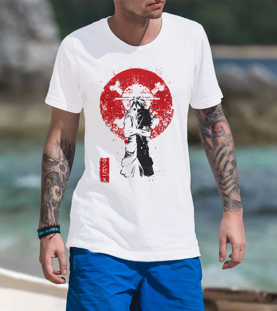 One Piece Pirate's King Splatter Japanese Text And Crossbones Red Circle T-Shirt