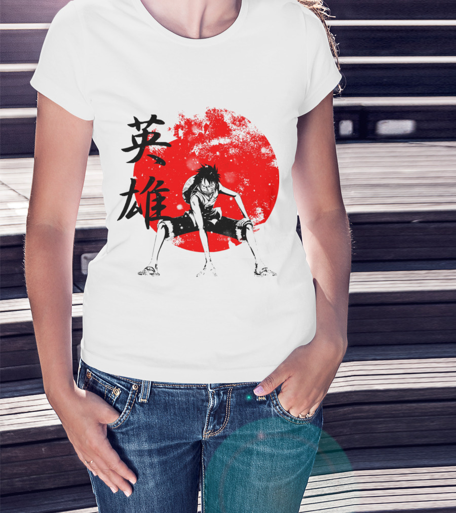 One Piece Hero Luffy Japanese Kanji Red Circle T-Shirt