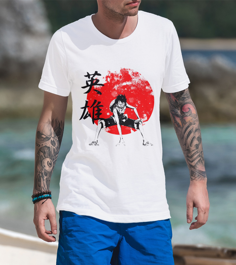 One Piece Hero Luffy Japanese Kanji Red Circle T-Shirt