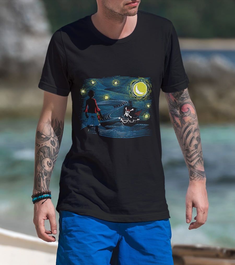 Starry Sea Voyage With Pirate Ship Under Starry Night Sky T-Shirt