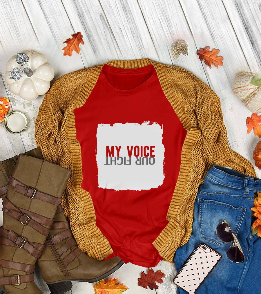 My Voice Our Fight Red and White Distressed Square T-Shirt