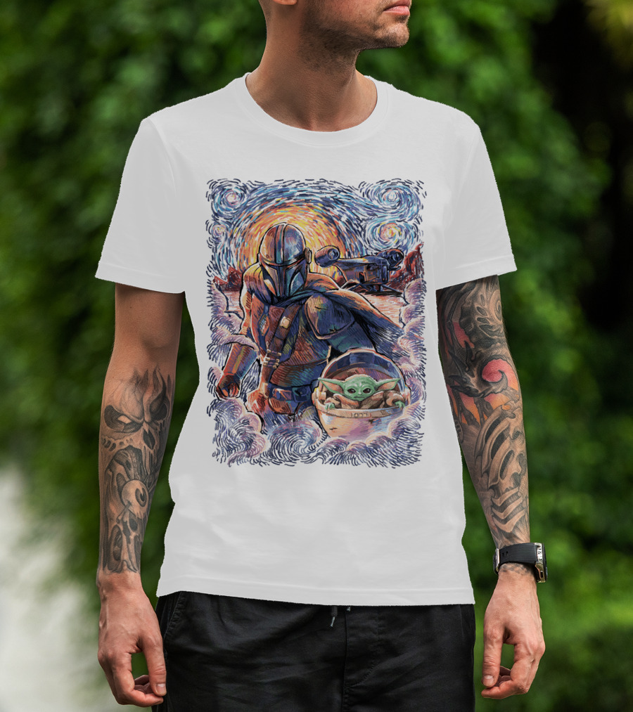 Star Wars Mandalorian Starry Night Grogu Painting T-Shirt