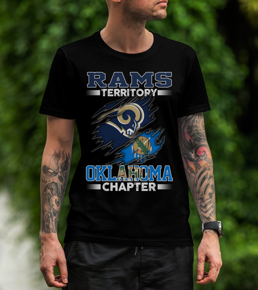 Rams Territory Oklahoma Chapter Blue And Gold Design With Torn State Flag T-Shirt