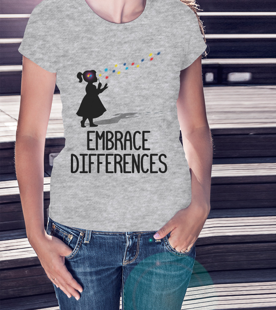 Embrace Differences Silhouette Girl With Autism Puzzle Flower And Colorful Bubbles T-Shirt