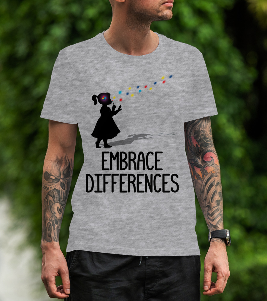 Embrace Differences Silhouette Girl With Autism Puzzle Flower And Colorful Bubbles T-Shirt