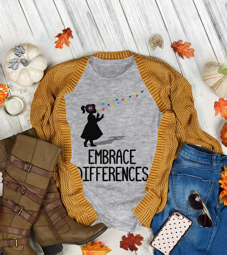 Embrace Differences Silhouette Girl With Autism Puzzle Flower and Colorful Bubbles T-Shirt