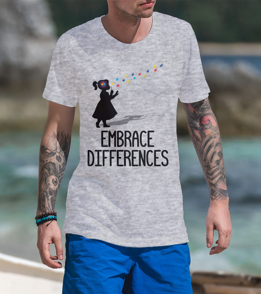 Embrace Differences Silhouette Girl With Autism Puzzle Flower And Colorful Bubbles T-Shirt
