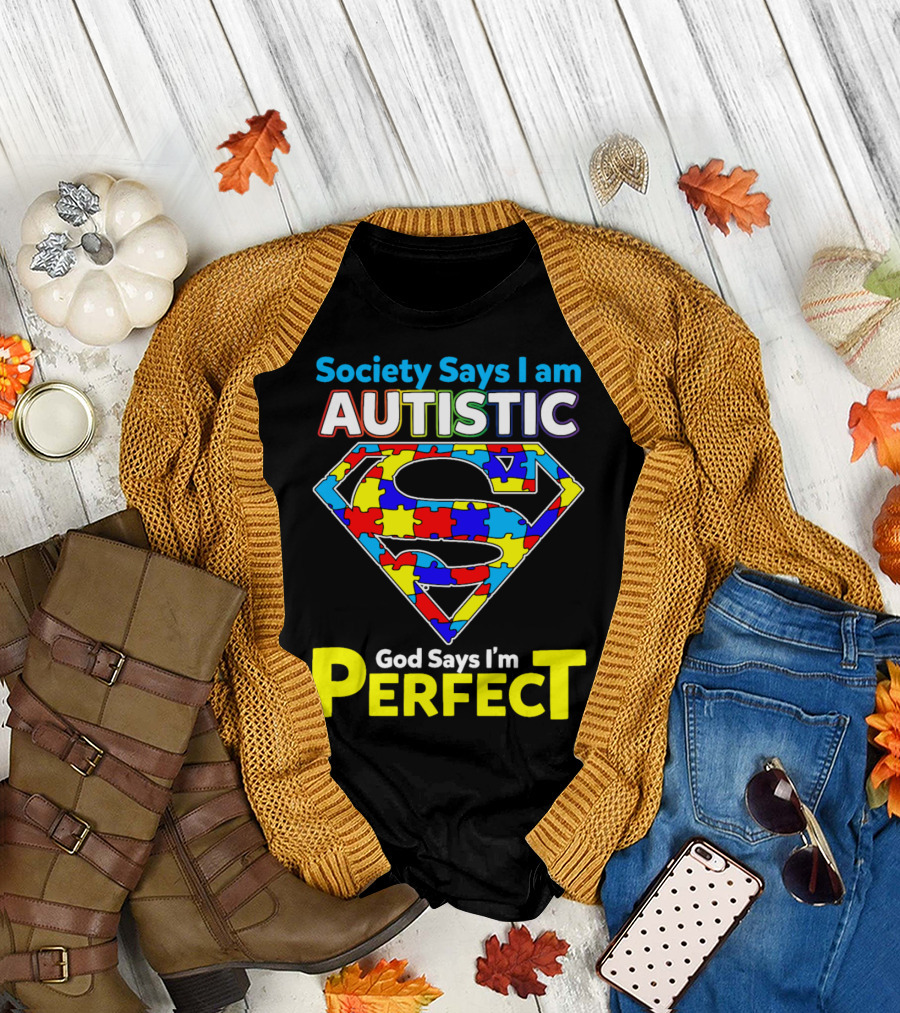Society Says I Am Autistic God Says I'm Perfect Superman Puzzle T-Shirt
