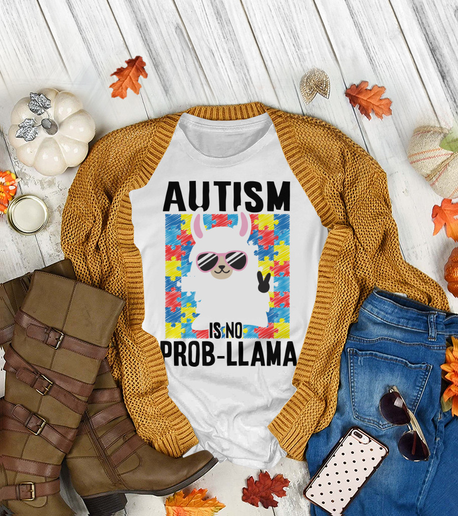 Autism Is No Prob-Llama Puzzle Pattern Sunglasses Peace Sign T-Shirt
