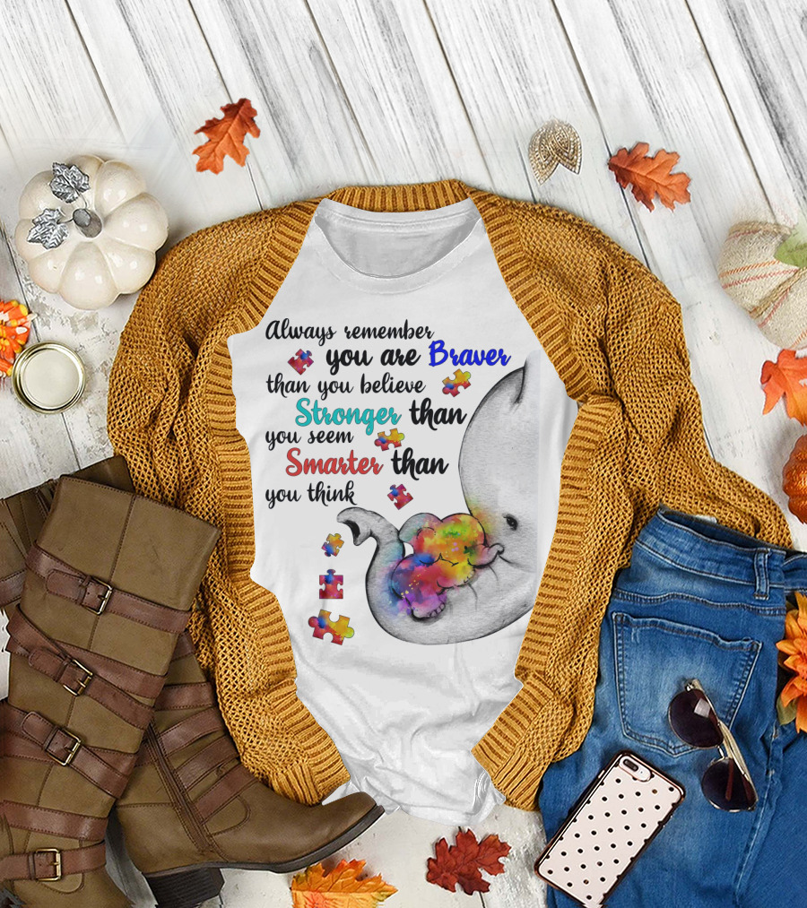 Always Remember Braver Stronger Smarter Elephant with Puzzle Pieces T-Shirt
