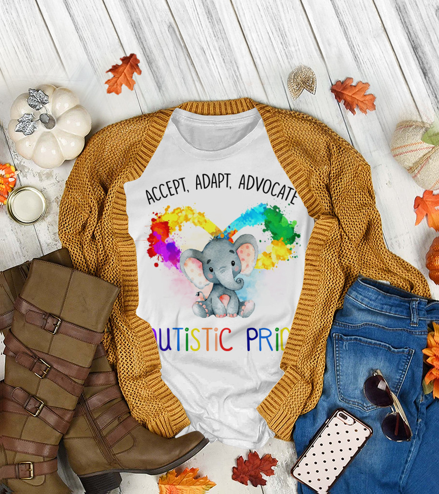 Accept, Adapt, Advocate Autistic Pride Colorful Elephant T-Shirt