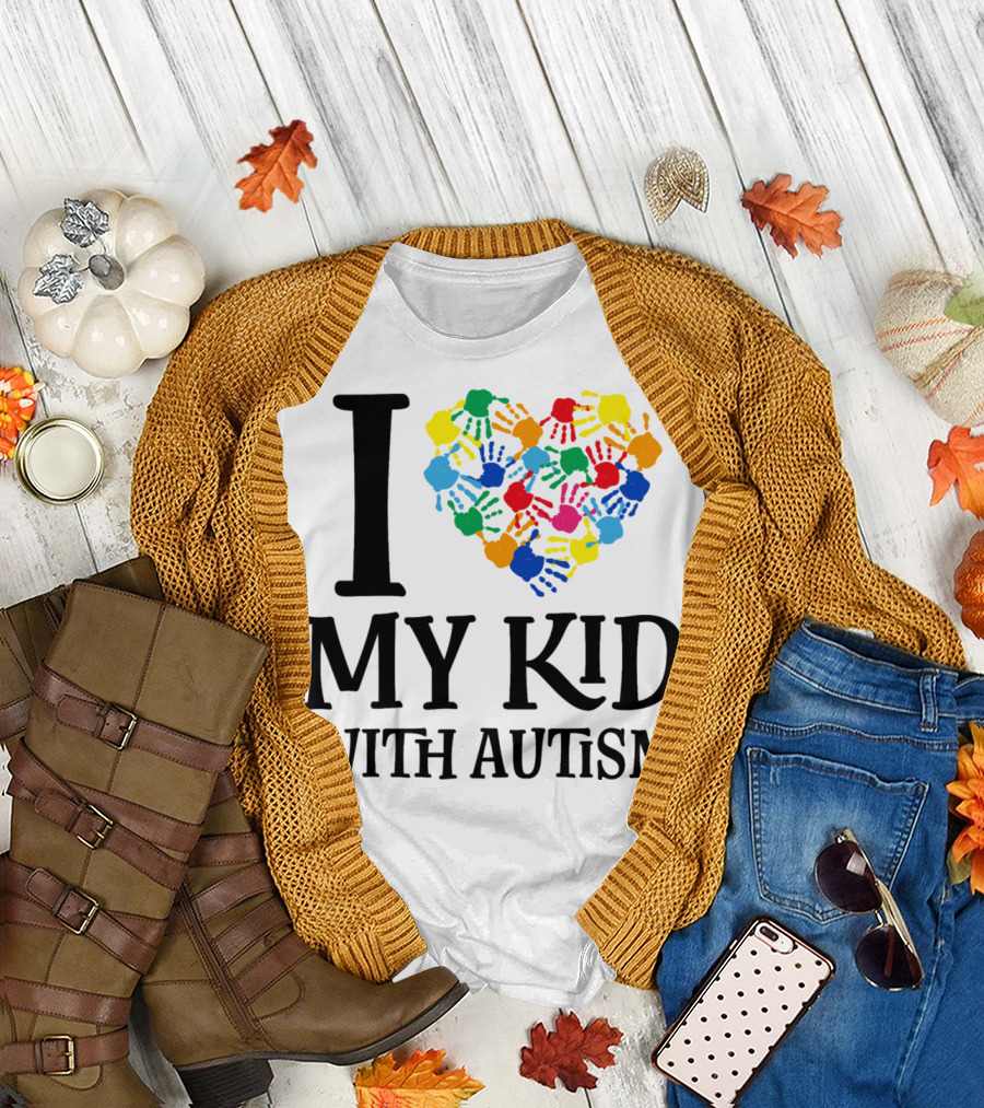 I Heart My Kid With Autism Multicolor Handprints T-Shirt