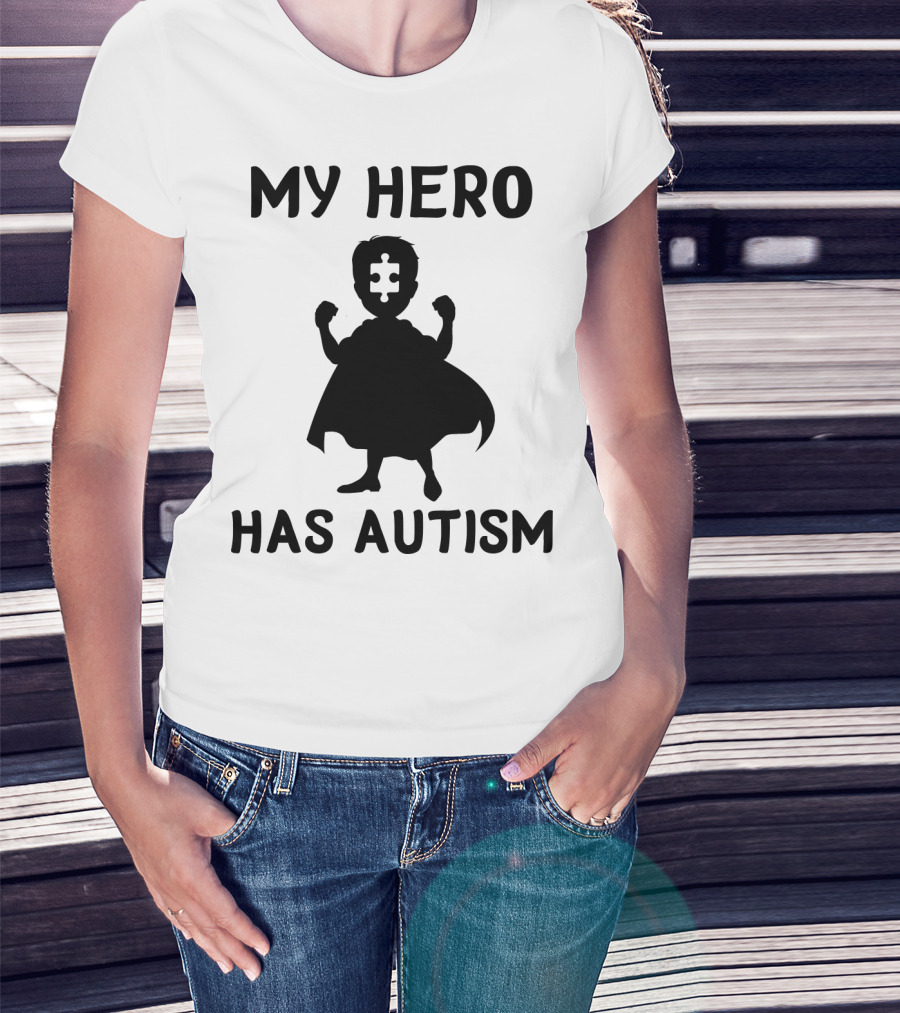 My Hero Has Autism Silhouette With Puzzle Piece Face T-Shirt