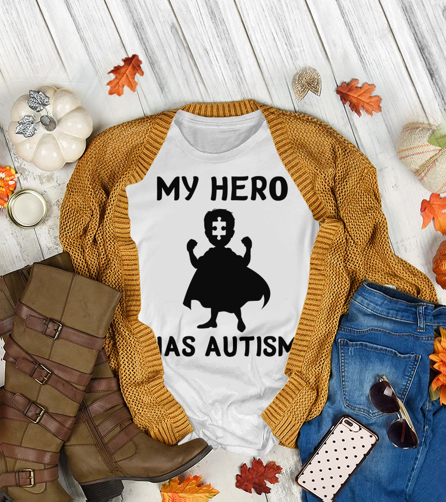 My Hero Has Autism Silhouette With Puzzle Piece Face T-Shirt