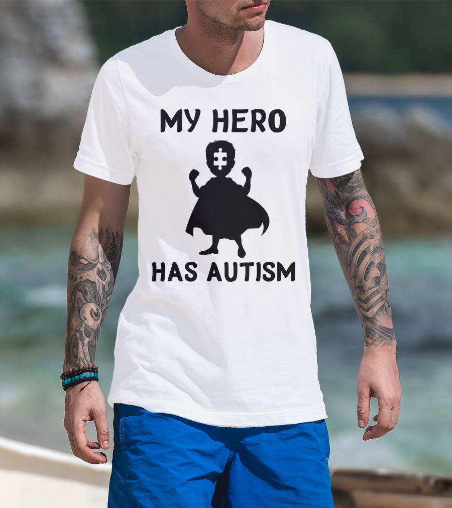 My Hero Has Autism Silhouette With Puzzle Piece Face T-Shirt