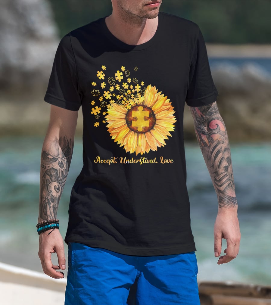 Sunflower Puzzle Pieces Accept Understand Love T-Shirt