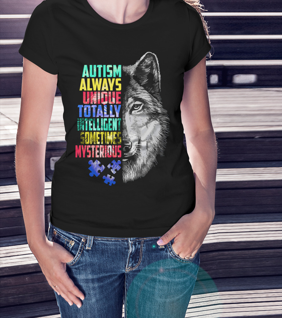 Autism Always Unique Totally Intelligent Sometimes Mysterious Wolf Puzzle T-Shirt