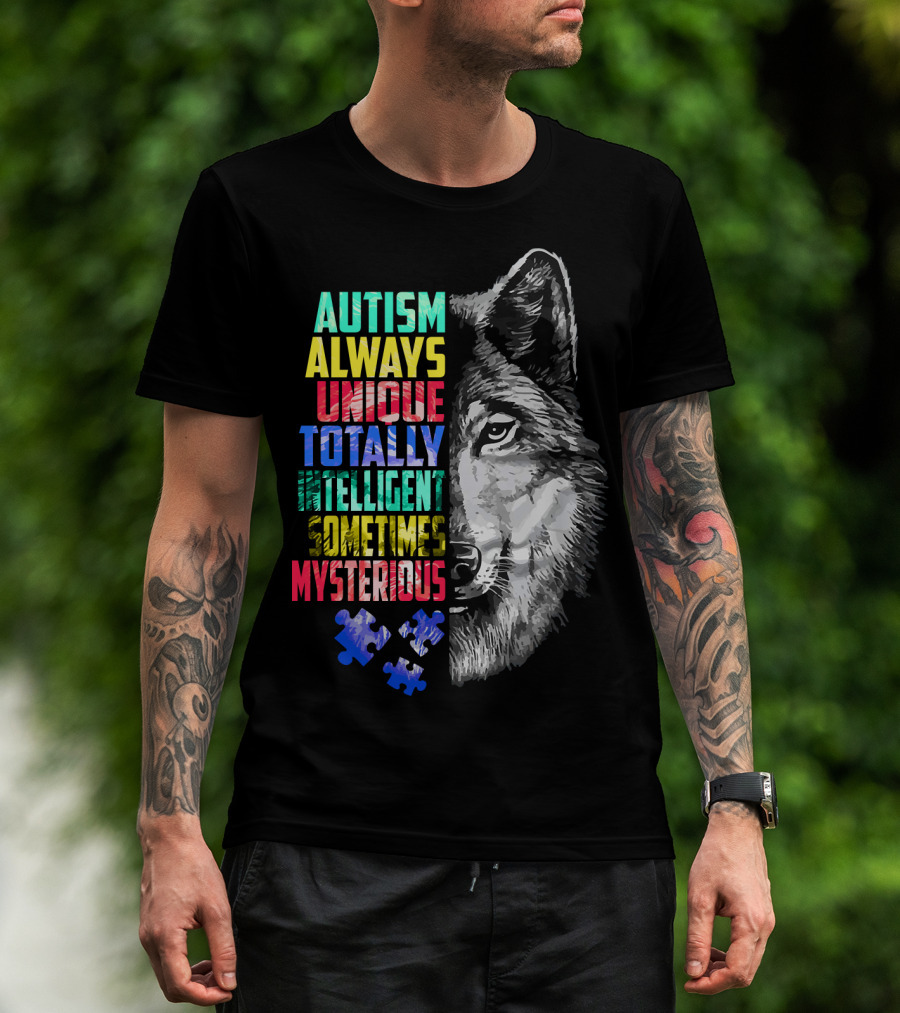 Autism Always Unique Totally Intelligent Sometimes Mysterious Wolf Puzzle T-Shirt