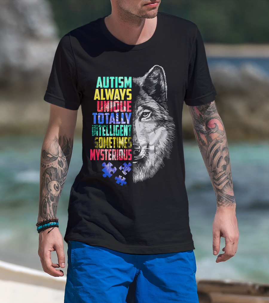 Autism Always Unique Totally Intelligent Sometimes Mysterious Wolf Puzzle T-Shirt