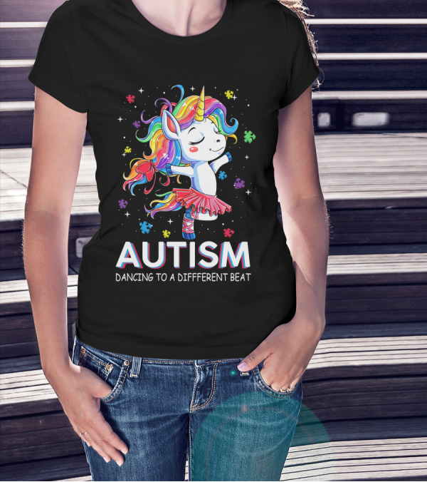 Autism Dancing To A Different Beat Unicorn Puzzle Pieces Rainbow Hair T-Shirt