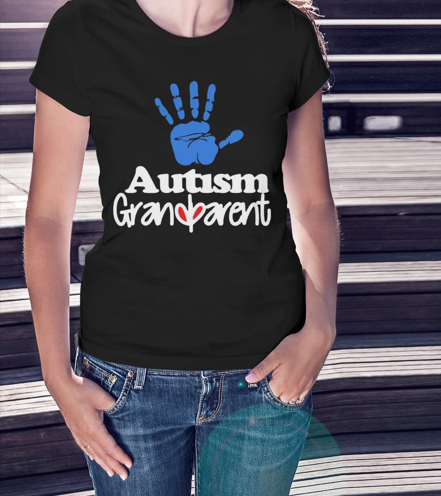 Autism Grandparent Blue Handprint Red Heart Inclusion T-Shirt
