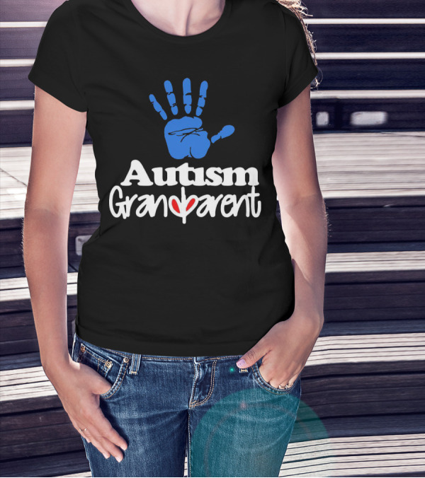 Autism Grandparent Blue Handprint Red Heart Inclusion T-Shirt