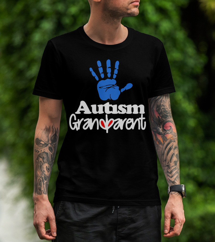 Autism Grandparent Blue Handprint Red Heart Inclusion T-Shirt