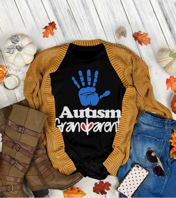 Autism Grandparent Blue Handprint Red Heart Inclusion T-Shirt