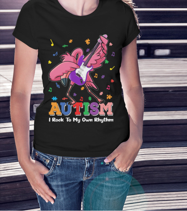 Autism I Rock To My Own Rhythm Flamingo With Guitar And Puzzle Pieces T-Shirt