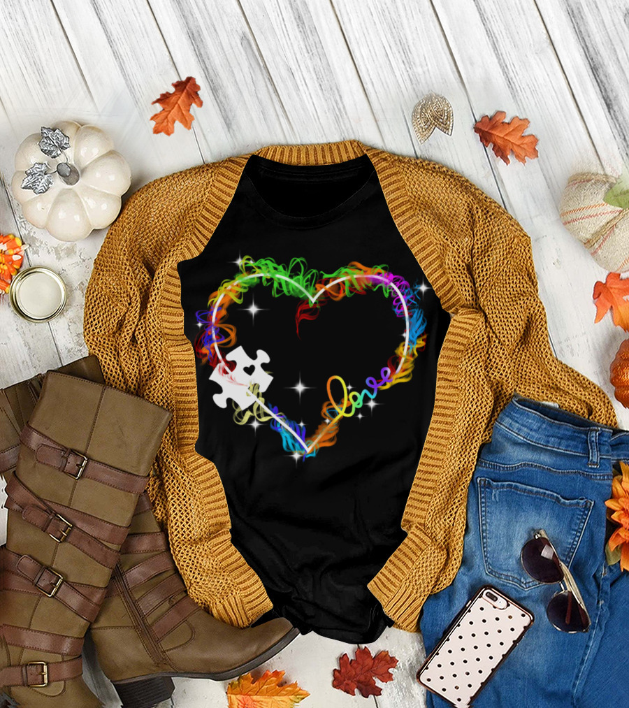 Love Heart Rainbow Puzzle Autism T-Shirt