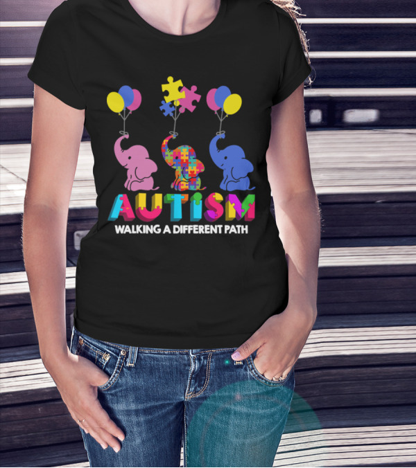 Autism Walking A Different Path Colorful Elephants And Balloons T-Shirt