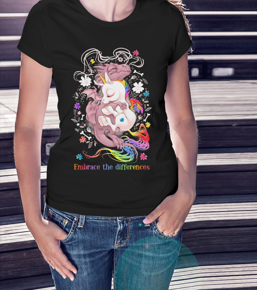 Embrace The Differences Unicorn And Dragon Rainbow Puzzle Flowers T-Shirt