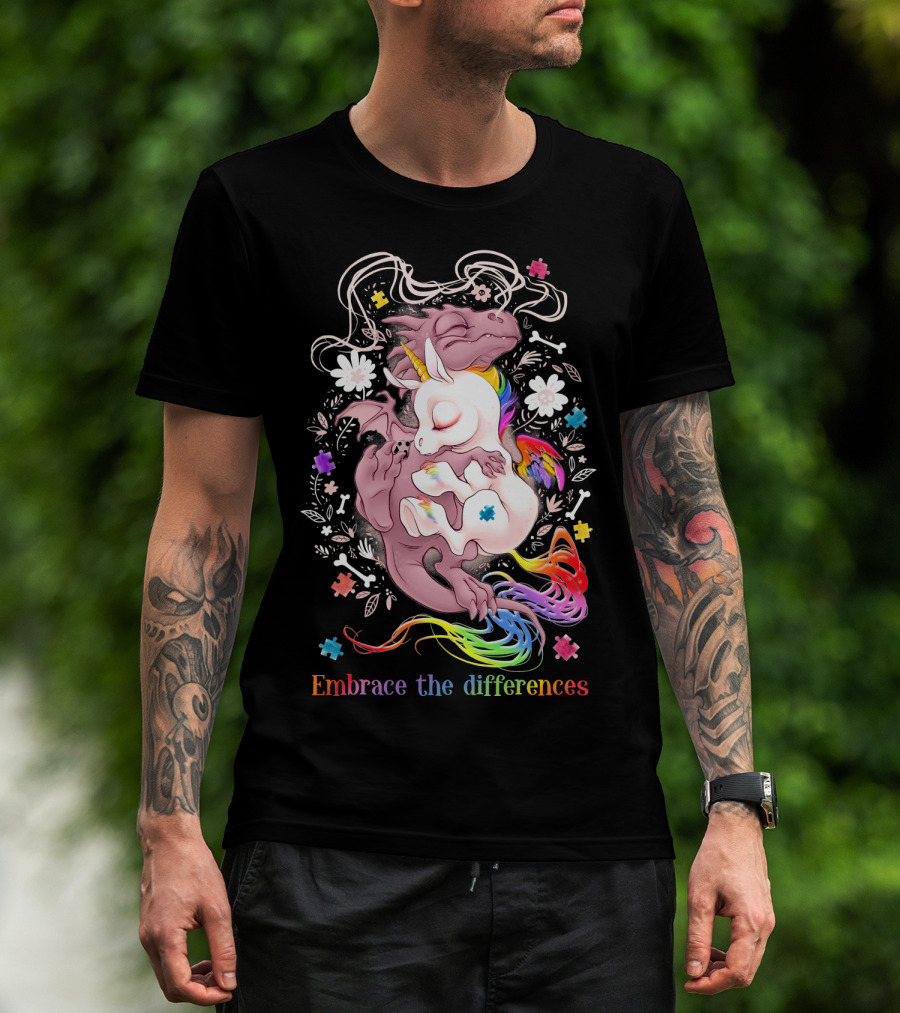 Embrace The Differences Unicorn And Dragon Rainbow Puzzle Flowers T-Shirt
