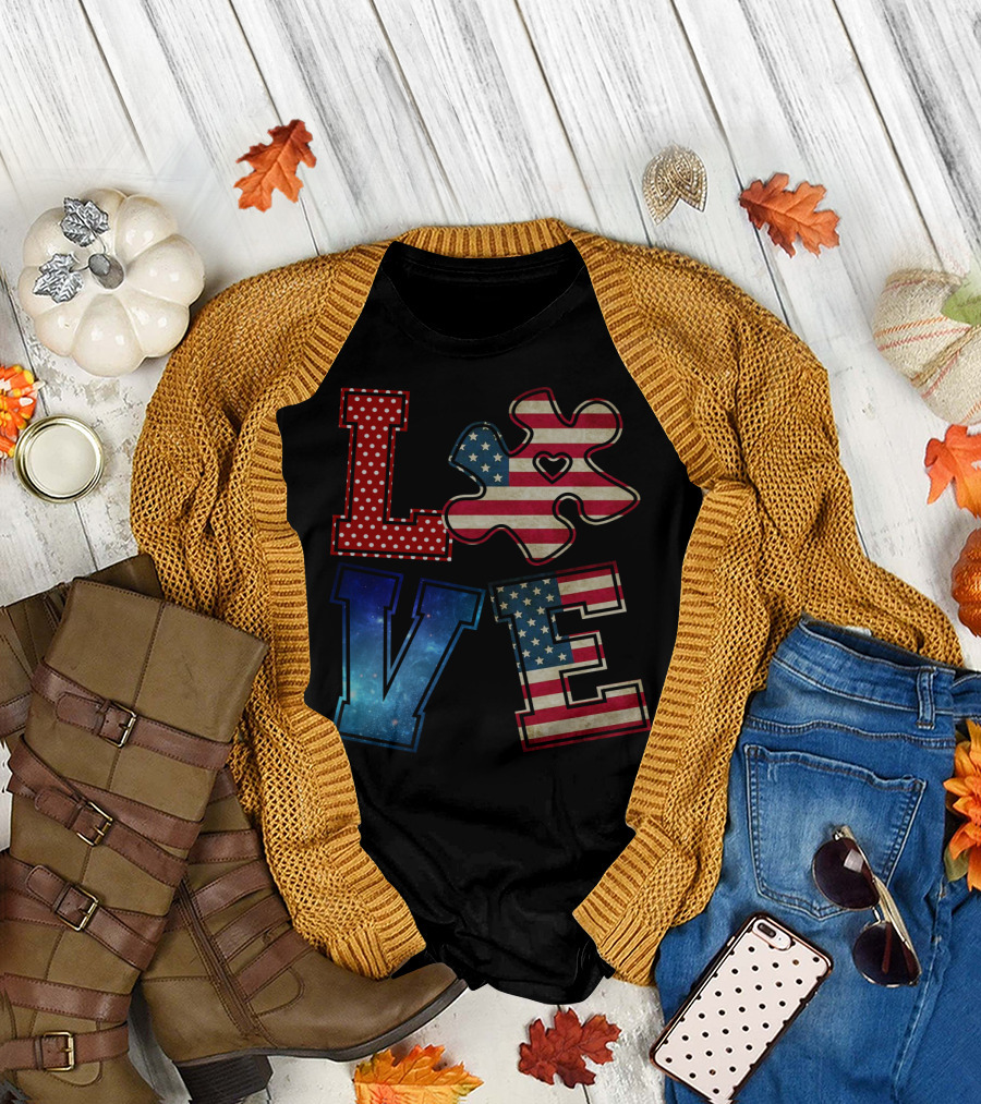 Love Needs No Words Galaxy Stars and Stripes Puzzle Piece T-Shirt