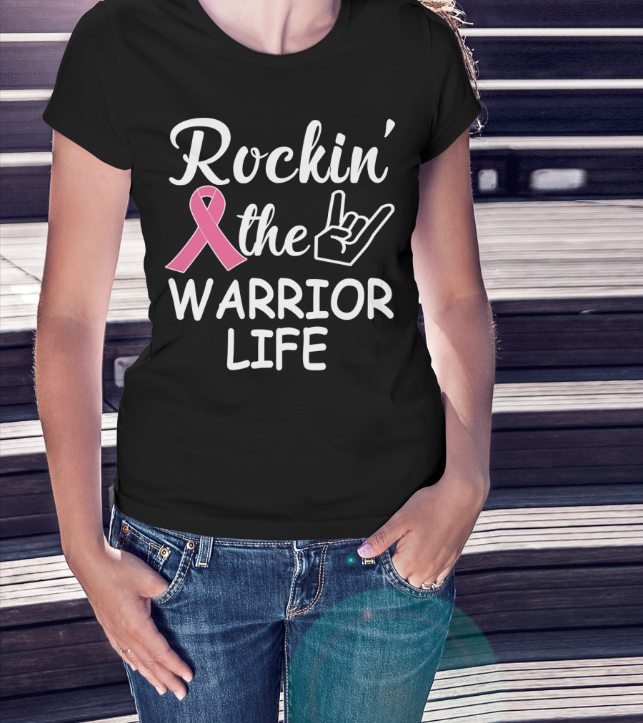 Rockin' The Warrior Life Pink Ribbon Rock Hand T-Shirt