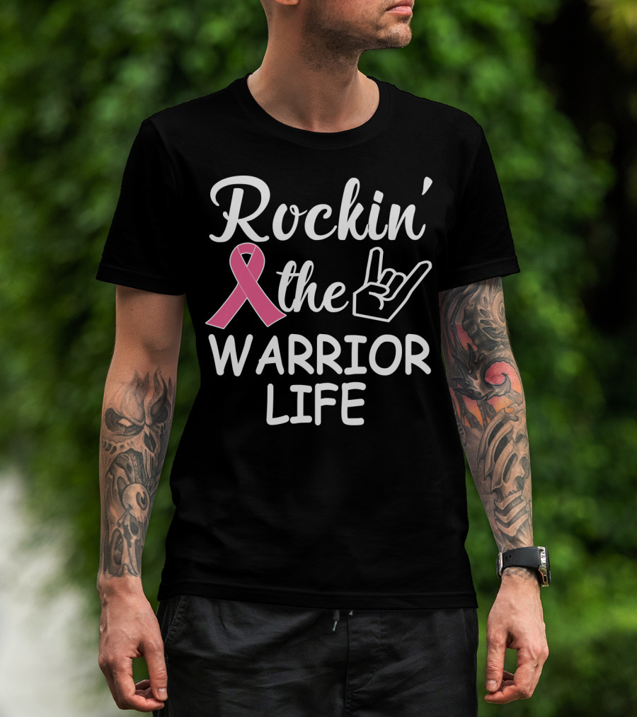 Rockin' The Warrior Life Pink Ribbon Rock Hand T-Shirt