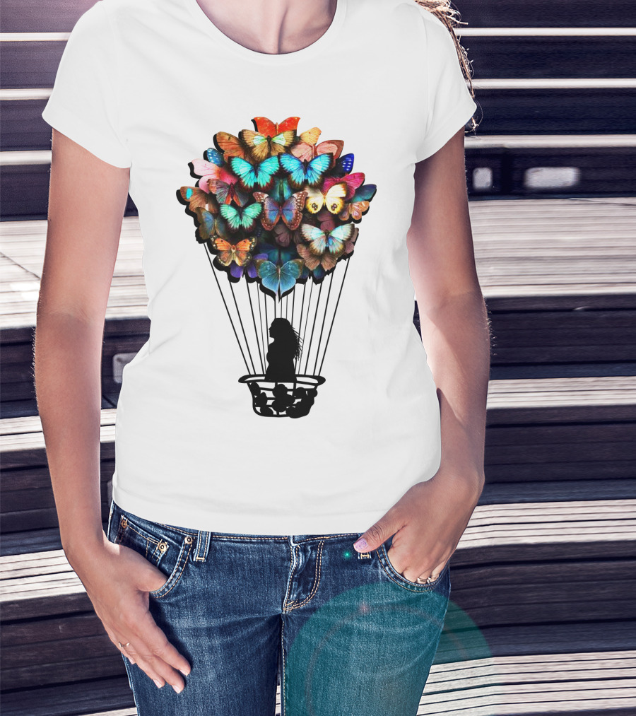 Butterfly BU01 Hot Air Balloon Silhouette With Colorful Wings T-Shirt