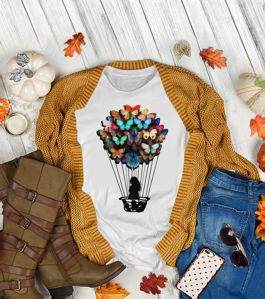 Butterfly BU01 Hot Air Balloon Silhouette with Colorful Wings T-Shirt