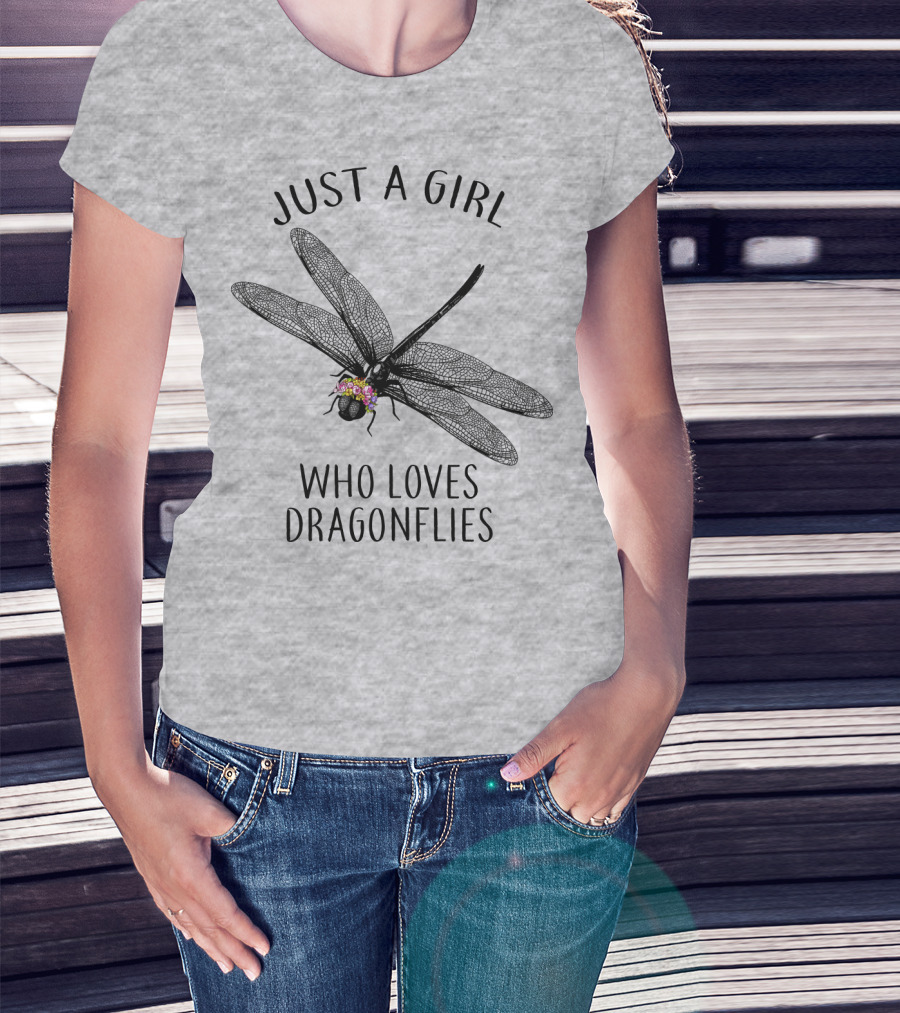 Just A Girl Who Loves Dragonflies Floral Adorned Insect T-Shirt