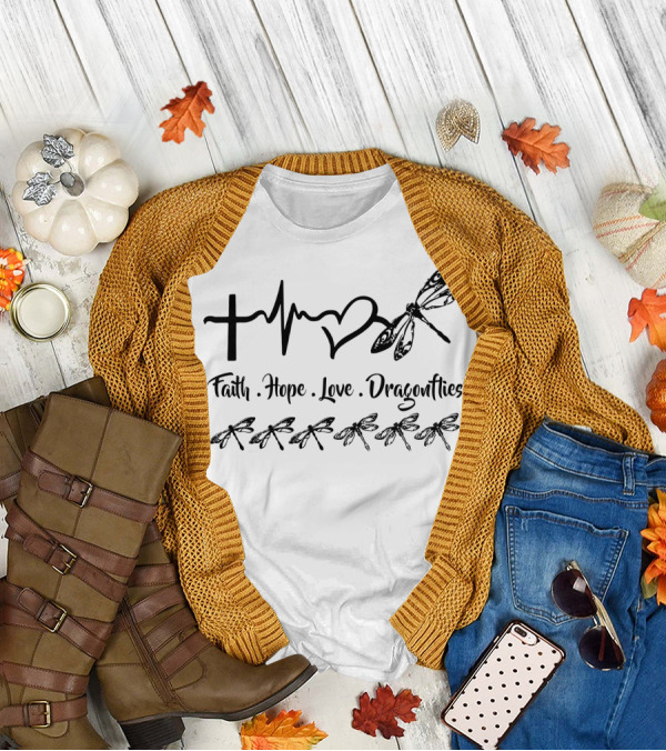 Faith Hope Love Dragonflies Cross Heartbeat Symbol Six Dragonflies T-Shirt
