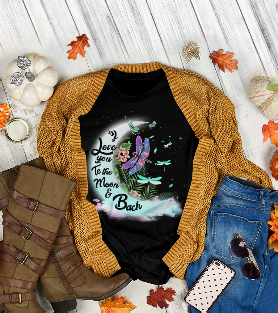 I Love You To The Moon And Back Dragonflies Moonlit Flowers T-Shirt