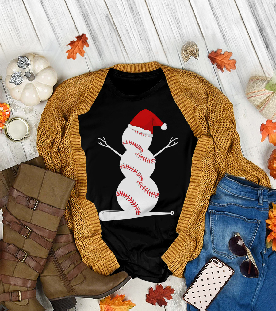 Baseball Snowman Santa Hat Bat Christmas BA01 T-Shirt