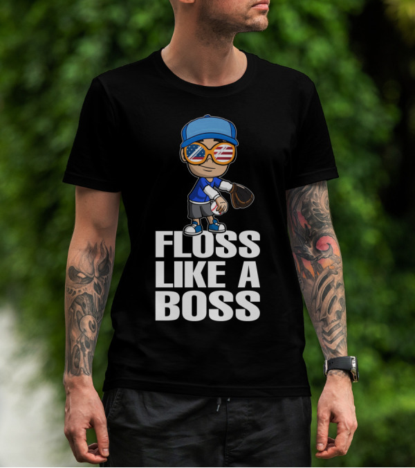 Floss Like A Boss Baseball Player American Flag Sunglasses T-Shirt