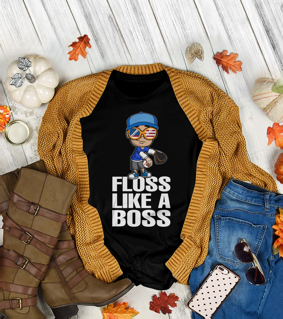 Floss Like A Boss Baseball Player American Flag Sunglasses T-Shirt