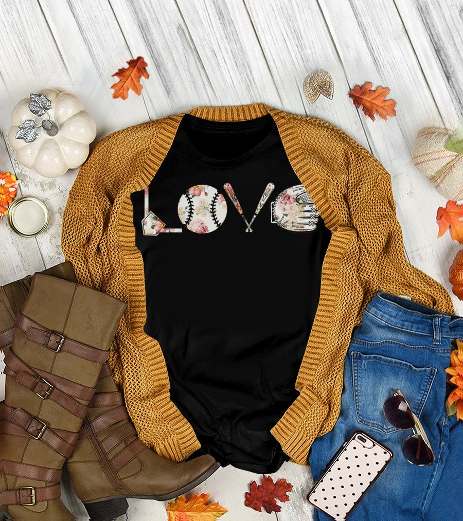 Love Baseball Floral Bat Glove Home Plate T-Shirt