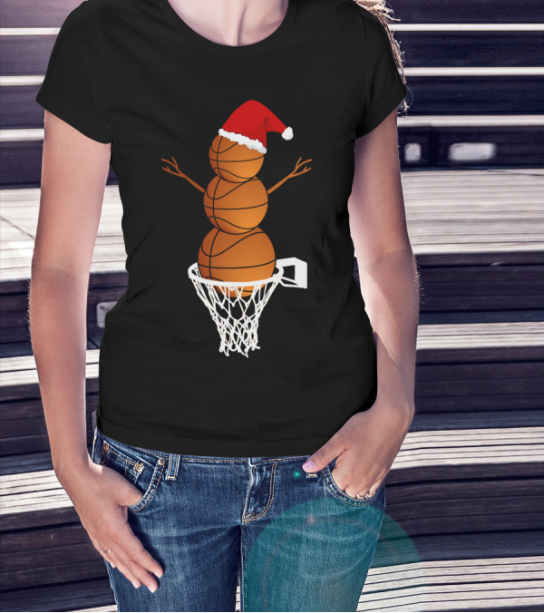 Basketball Snowman With Santa Hat In Hoop T-Shirt