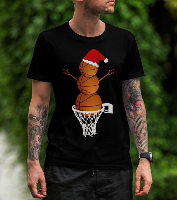 Basketball Snowman With Santa Hat In Hoop T-Shirt